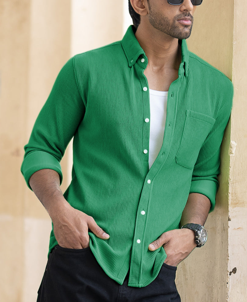 Green Corduroy Regular Fit Full Sleeves Shirt