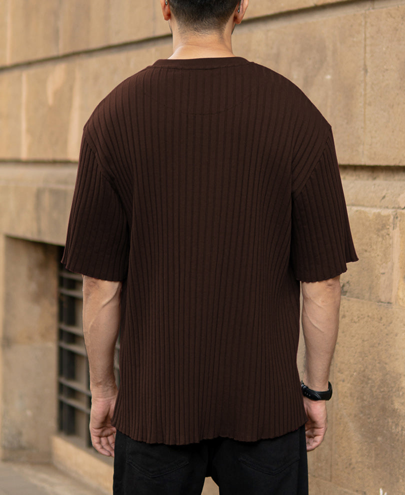 Dark Brown Rib Knit Oversized Half Sleeves T-Shirt