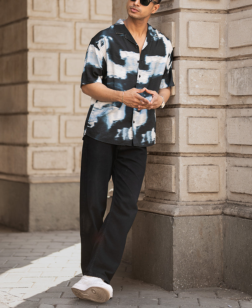 Black Abstract Cuban Printed Oversized Half Sleeves Shirt
