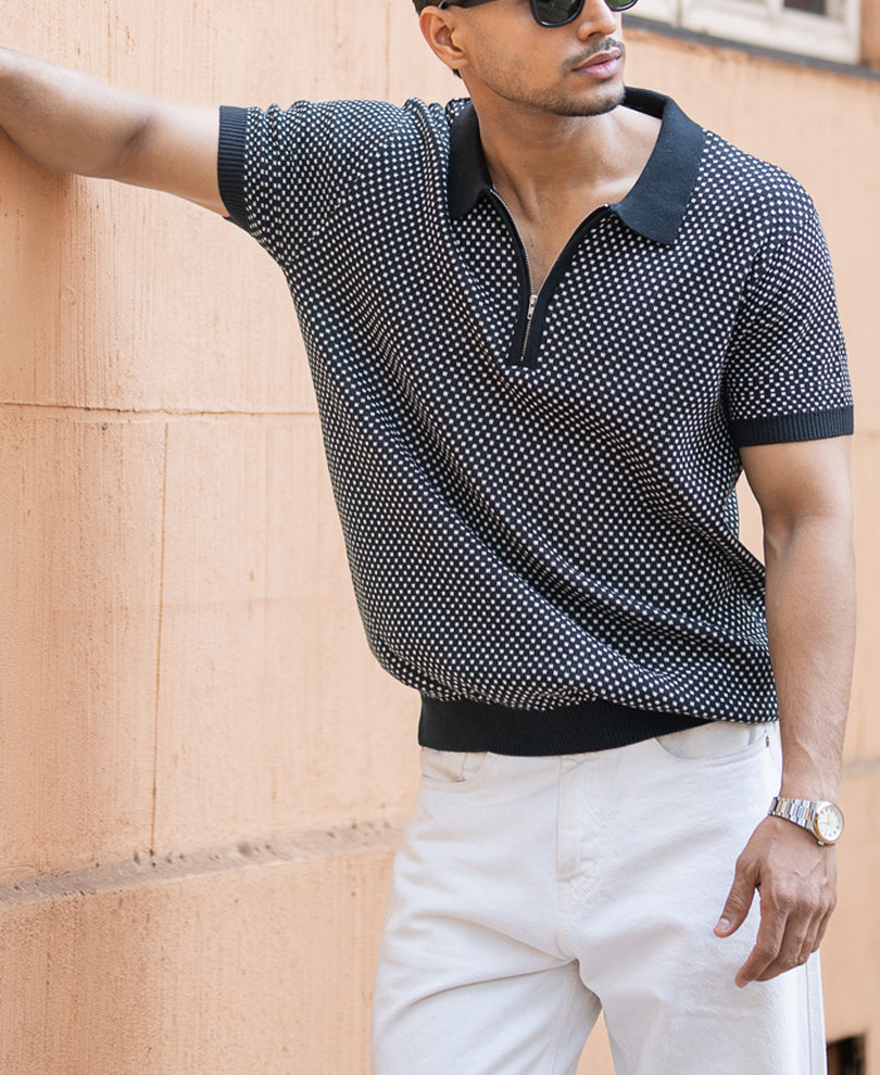Black Jacquard Knit Polo T-Shirt