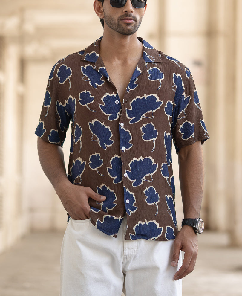 Brown Abstract Crinkled Regular Fit Half Sleeves Shirt