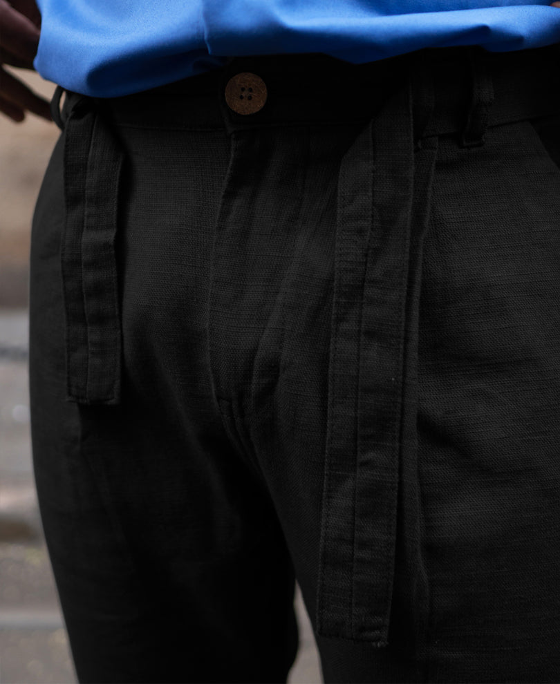 Black Cotton Pant With Belt