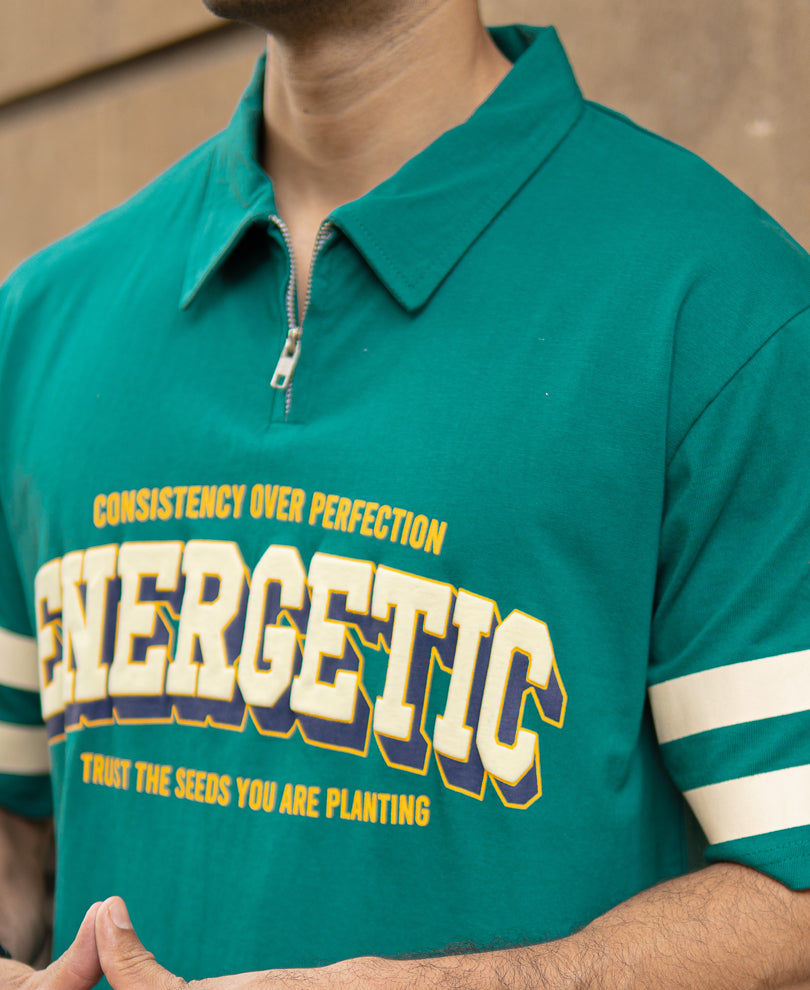 Teal Graphic Zipper Polo T-Shirt