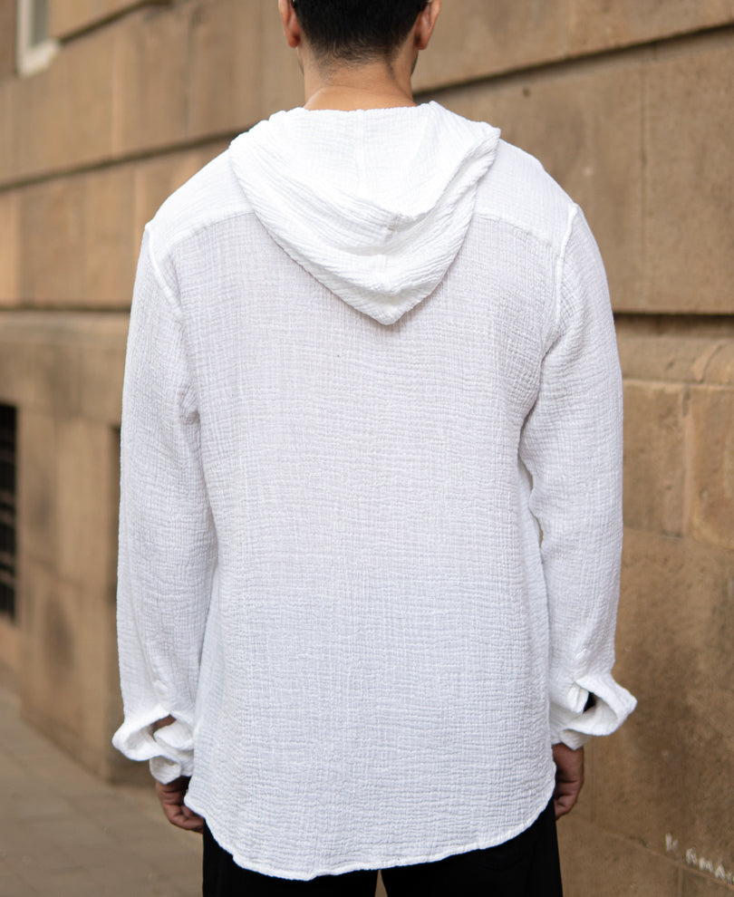 White Crinkled Hooded Shirt