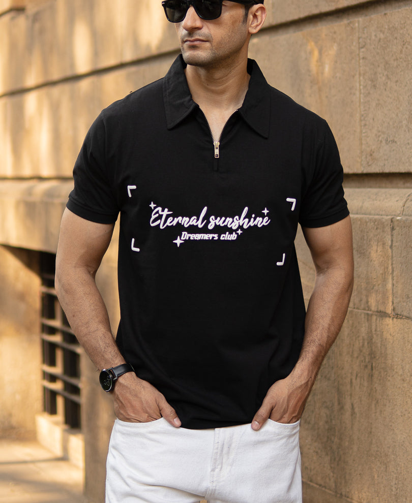 Black Printed Zipper Polo T-Shirt