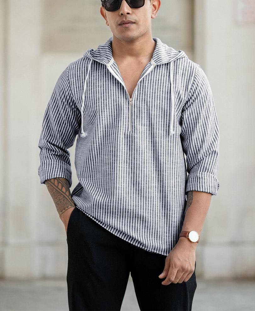 White And Navy Blue Stripes Regular Fit Full Sleeves Hoodie Shirt