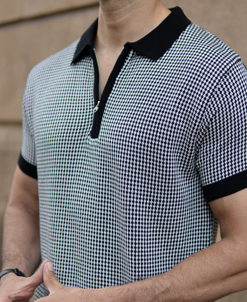 Black And White Knit Polo T-Shirt
