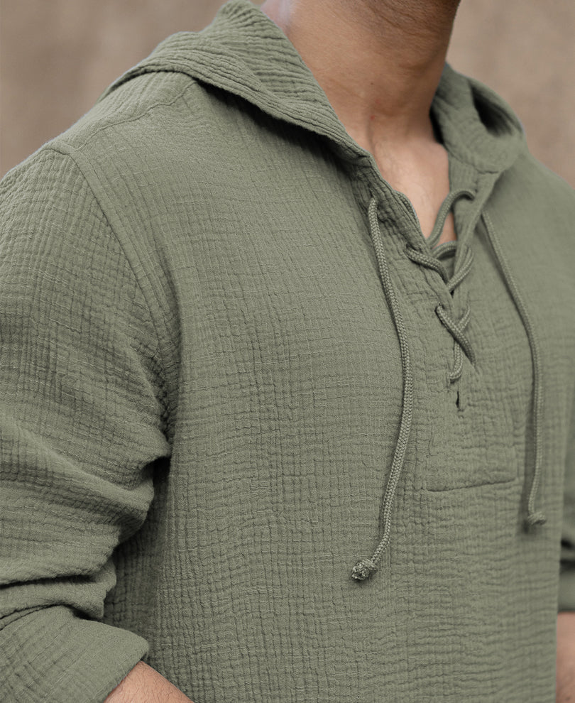 Sage Green Crinkled Hooded Shirt