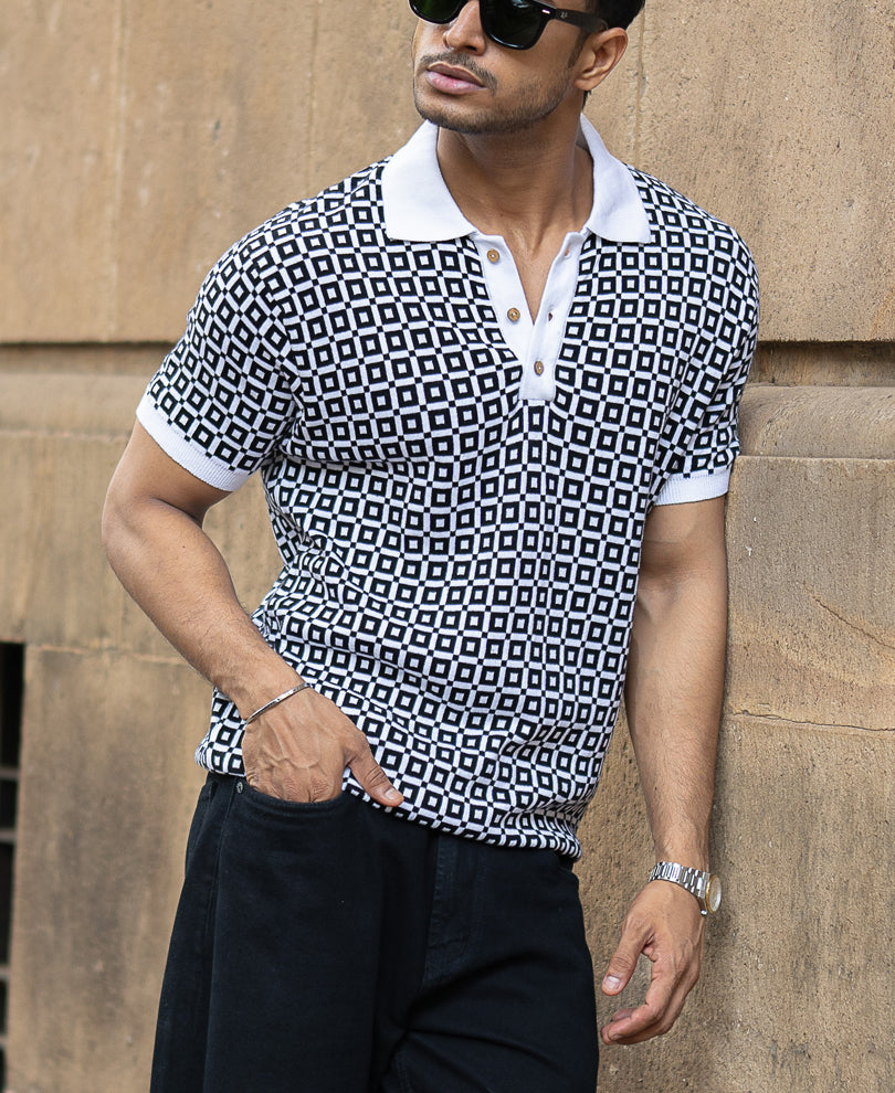 Black Jacquard Contrast Collar T-Shirt