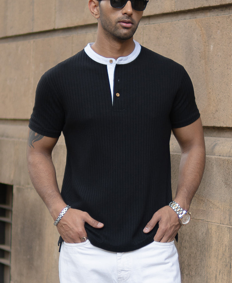 Black Contrast Collar Henley T-Shirt