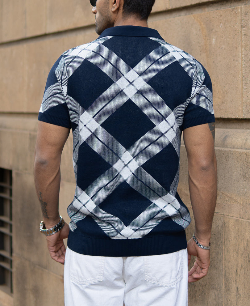 Navy Knitted Checks Structured T-Shirt