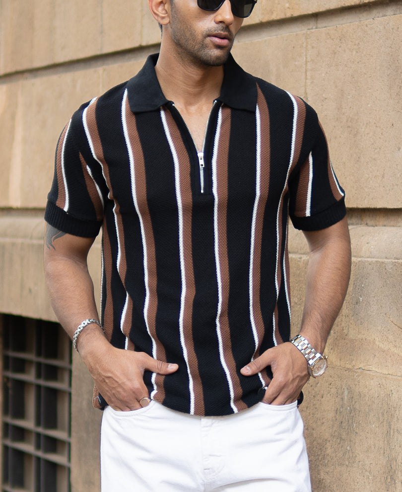 Multicolour Knitted Stripe Zipper T-Shirt