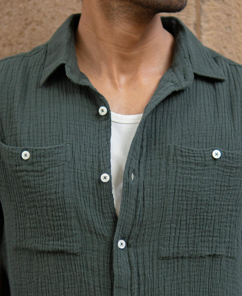 Olive Crinkled Shirt With Pockets