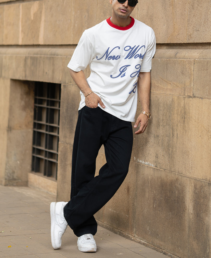 White Contrast Neck Graphic T-Shirt