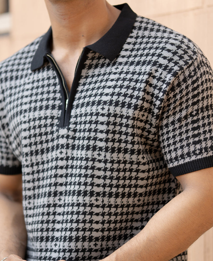 Grey Houndstooth Knit T-Shirt