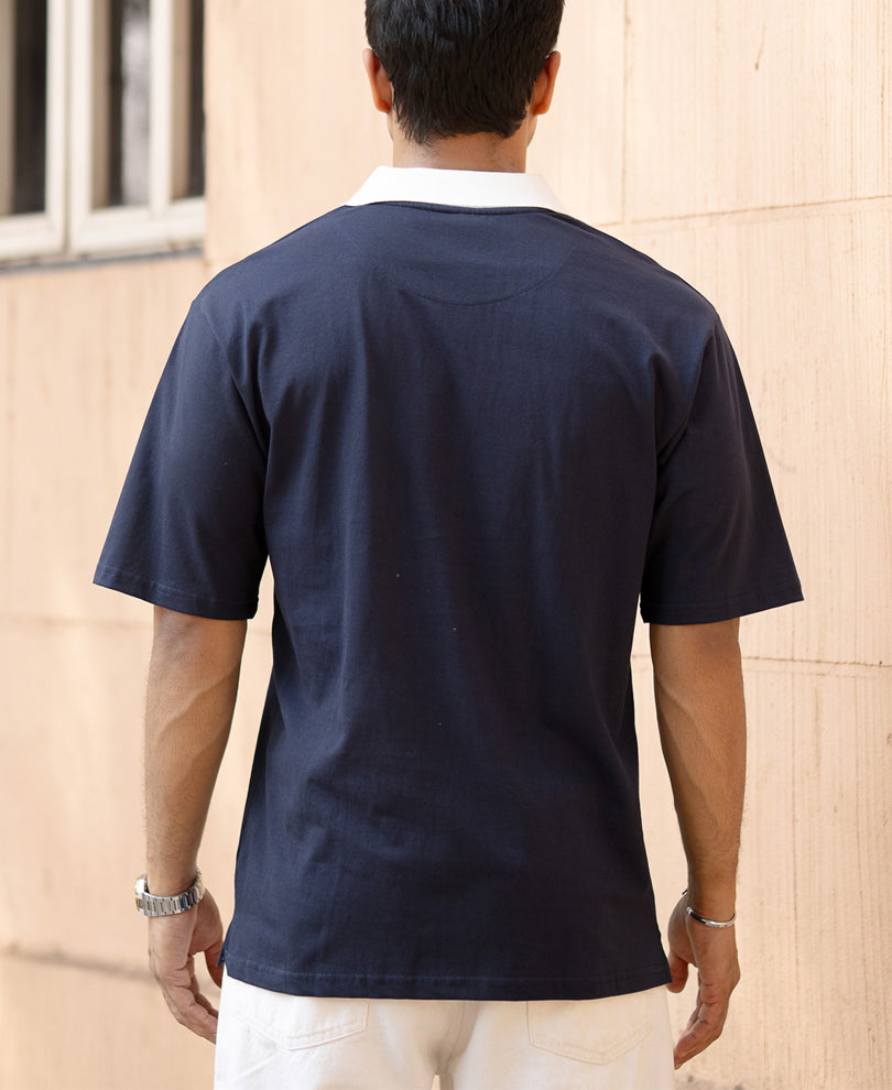 Navy Contrast Print Polo T-Shirt