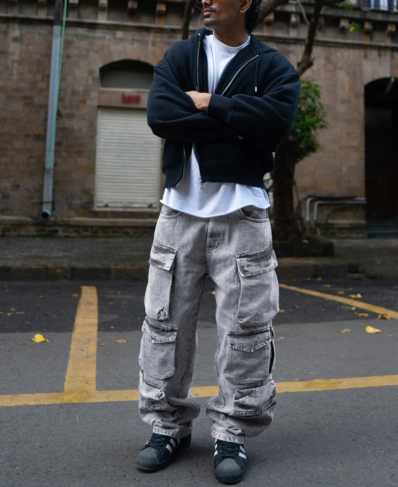 Grey Multi Pockets Baggy Fit Cargo Denim Jeans