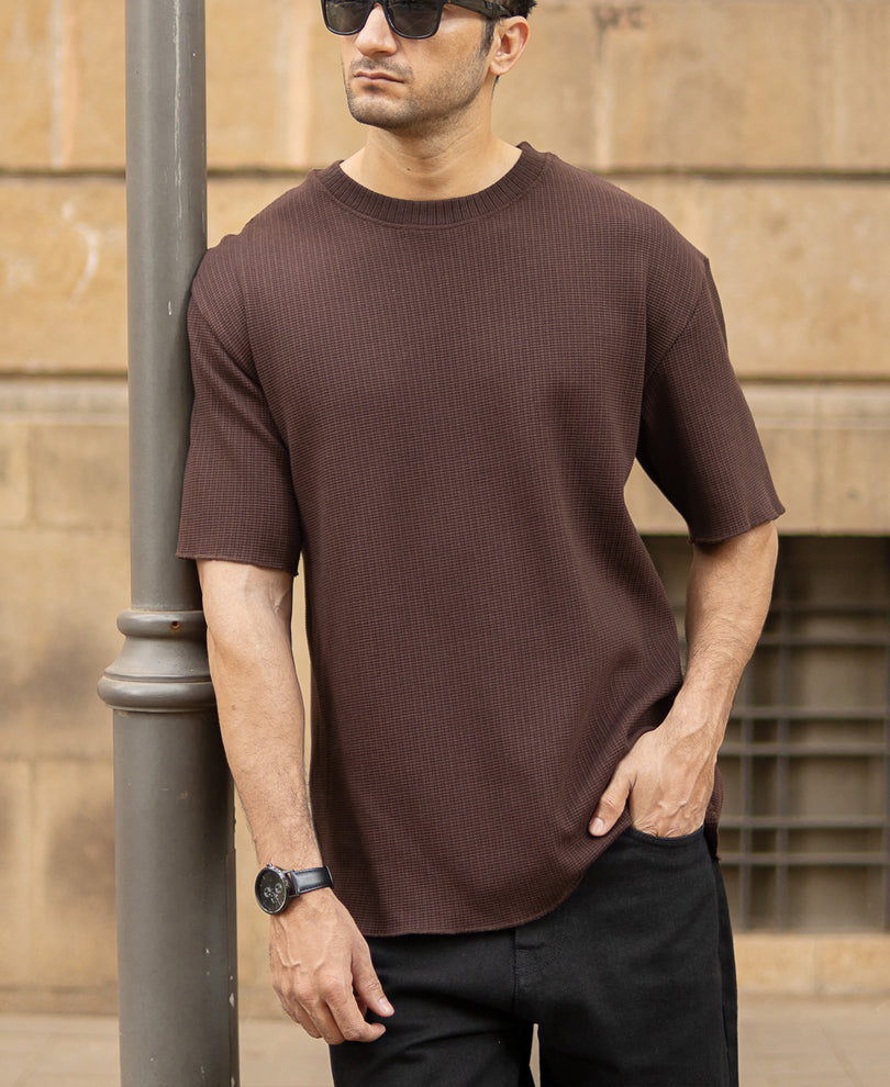Dark Brown Structured Knit T-Shirt