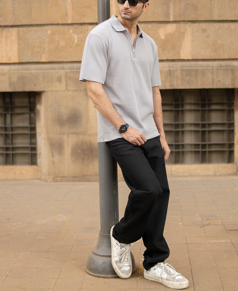 Grey Structured Zipper Polo T-Shirt