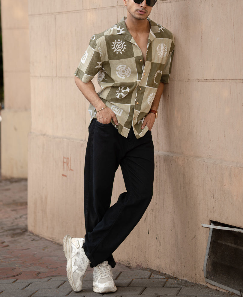 Green Structured Cuban Printed Shirt