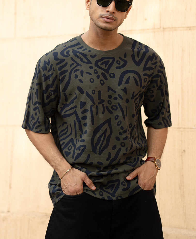 Olive Abstract Leaf Printed T-Shirt