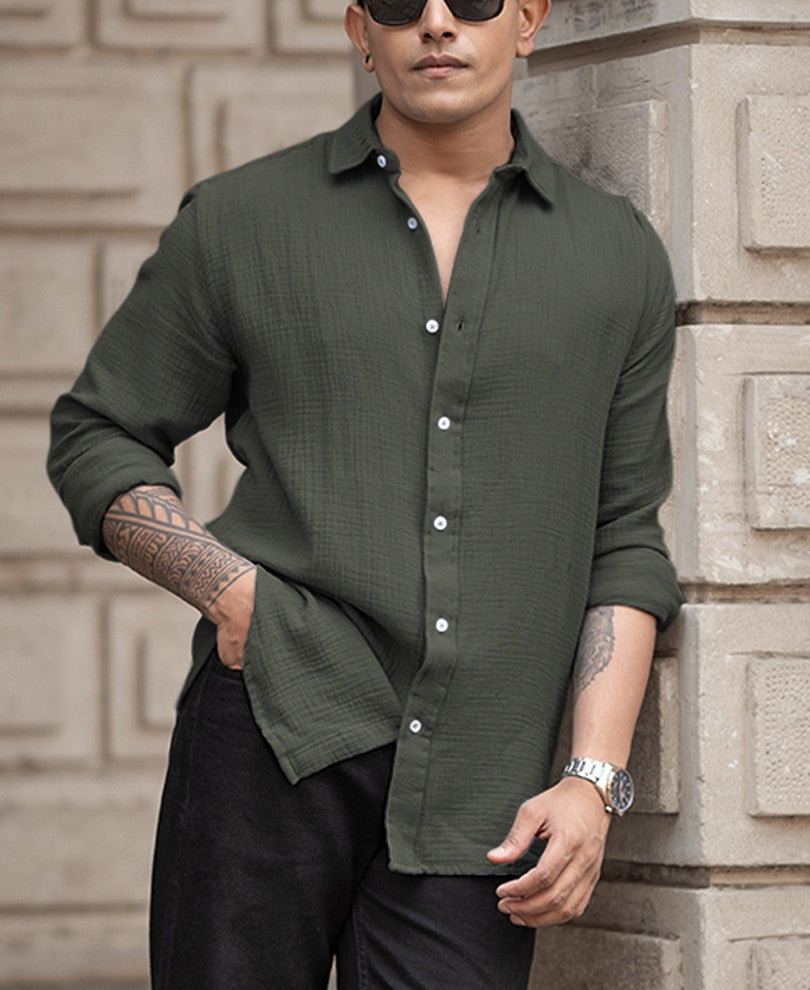 Olive Regular Fit Full Sleeves Plain Shirt