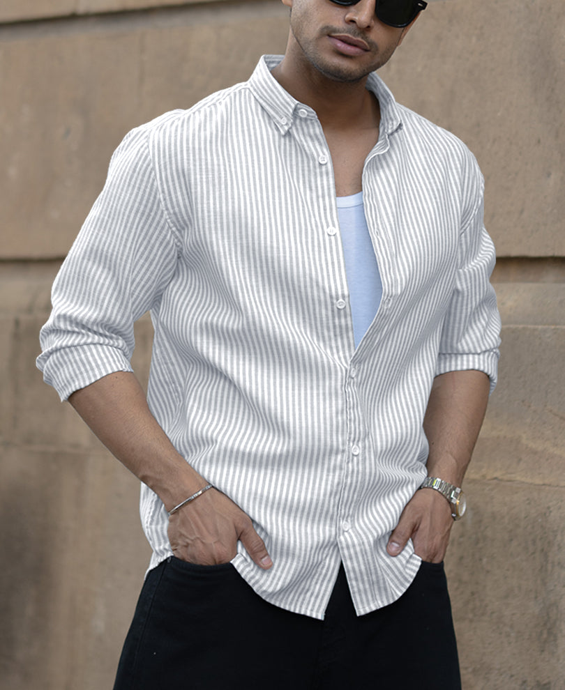 Light Grey Stripes Full Sleeves Regular Fit Shirt