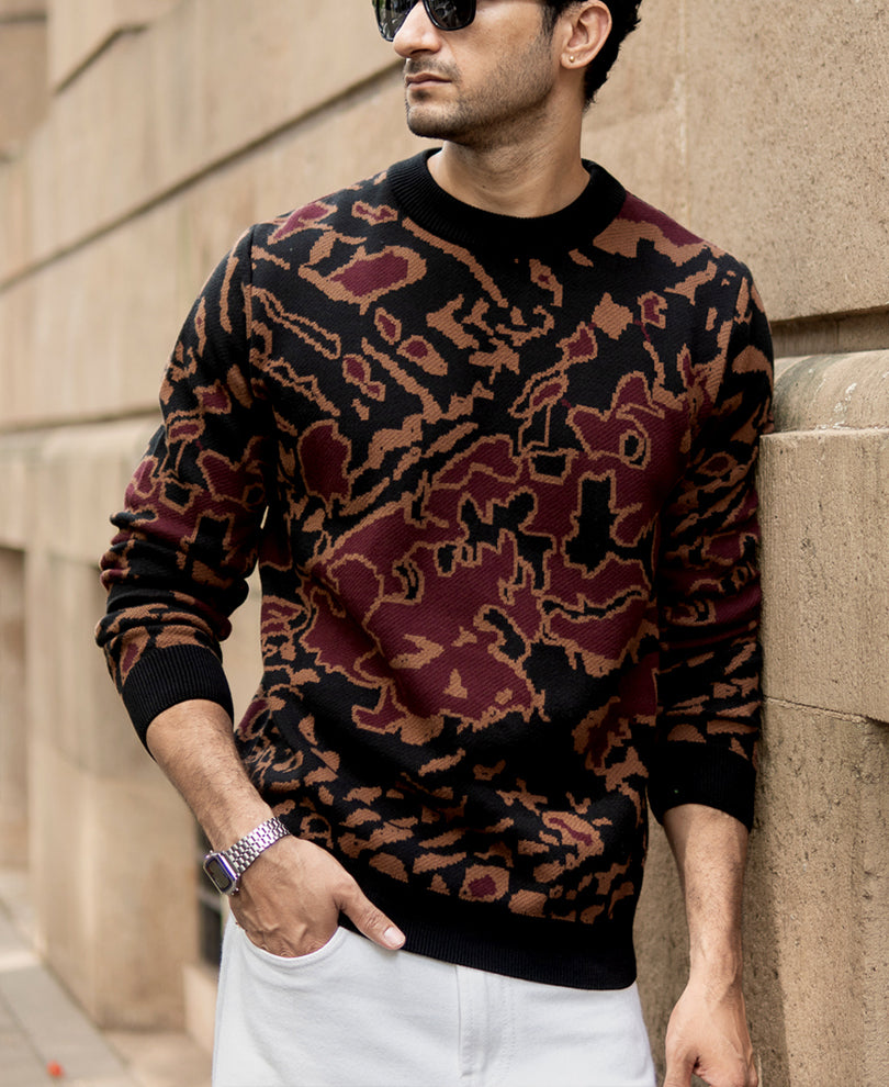 Black Abstract Jacquard Cotton Sweater