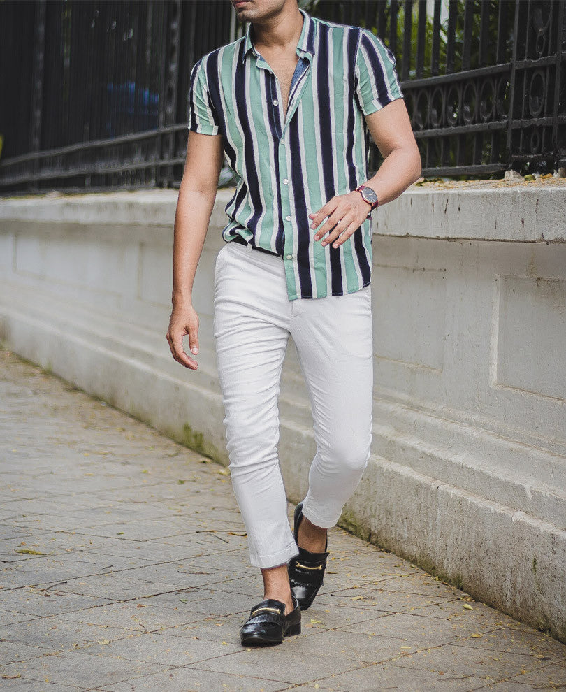 Pista Green Stripes Half Sleeves Shirt