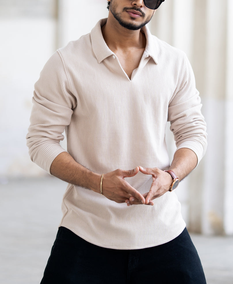 Beige Corduroy Regular Fit Full Sleeves T-Shirt