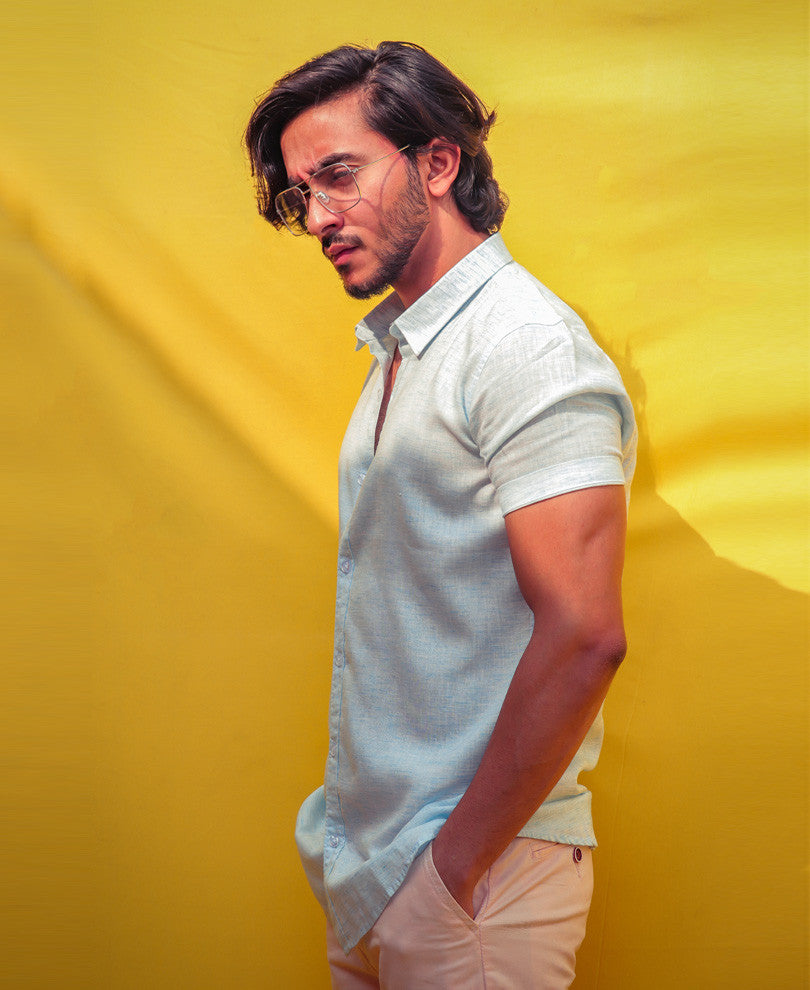 Mens Sky Blue Plain Linen Shirt