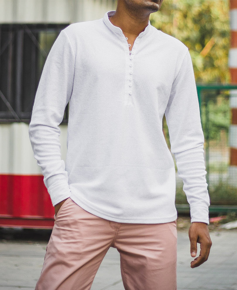 White Kurta Style Full Sleeves T Shirt
