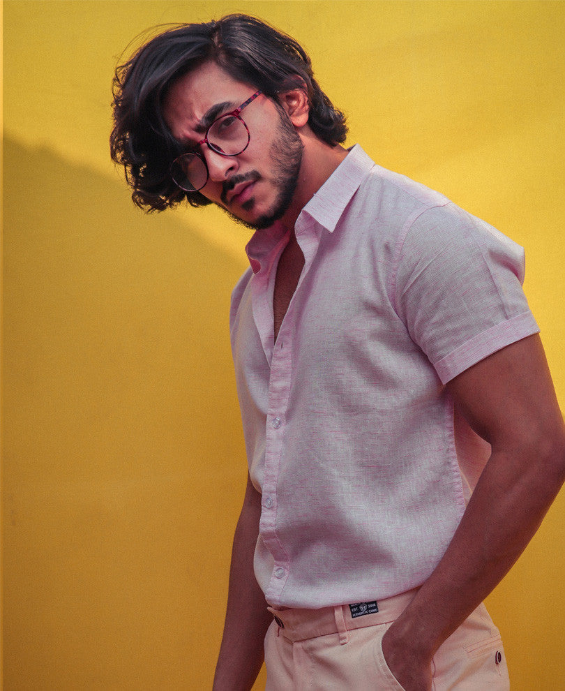 Mens Pink Plain Linen Shirt