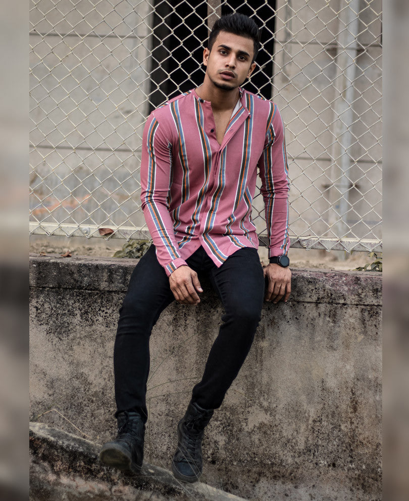 Rusty Pink With Multi Color Stripe Full Sleeves Shirt
