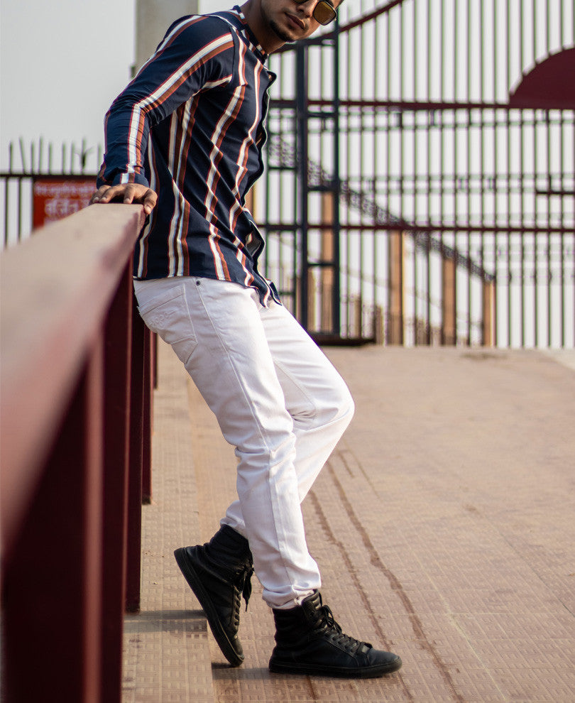 Navy Blue With Multi Color Stripe Full Sleeves Shirt