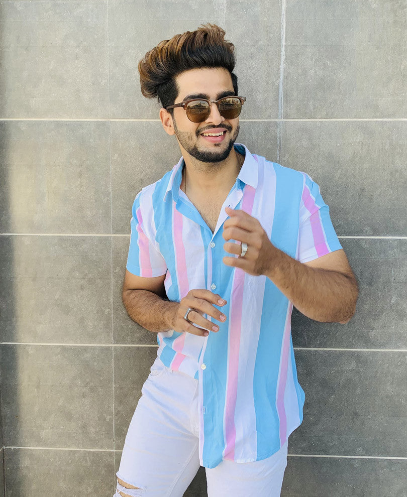 White With Blue Vertical Stripes Half Sleeves Shirt