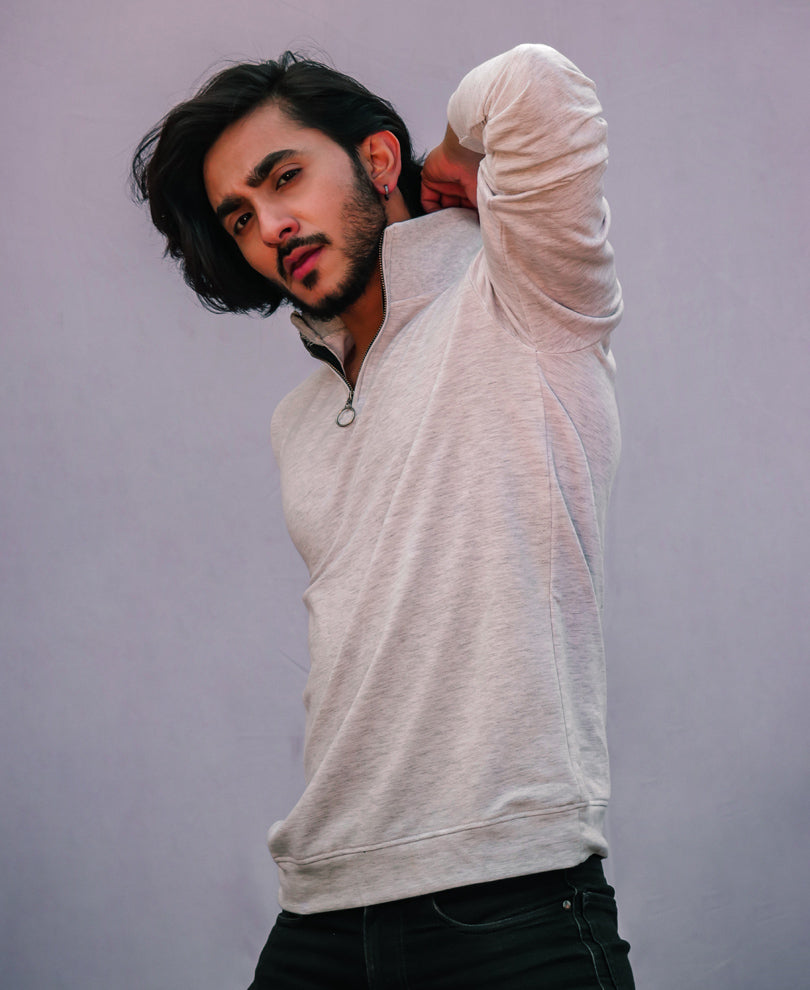 Plain Acro Grey Turtle Neck With Zip Full Sleeves T Shirt