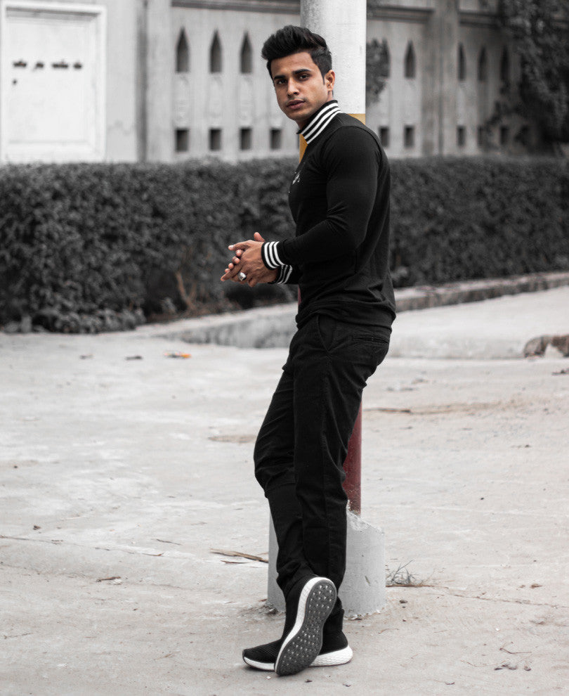 Black Chest Printed High Neck Full Sleeves T Shirt