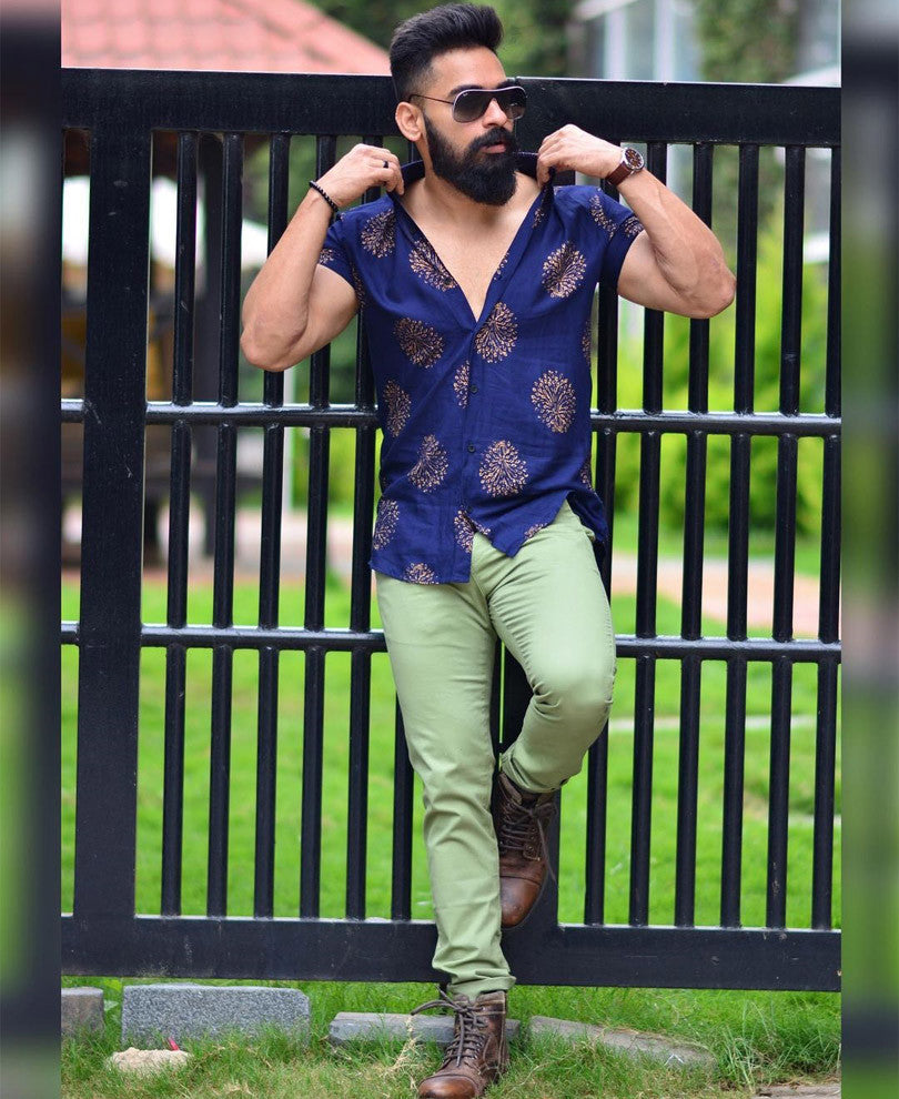 Urban Navy Blue Printed Half Sleeves Shirt