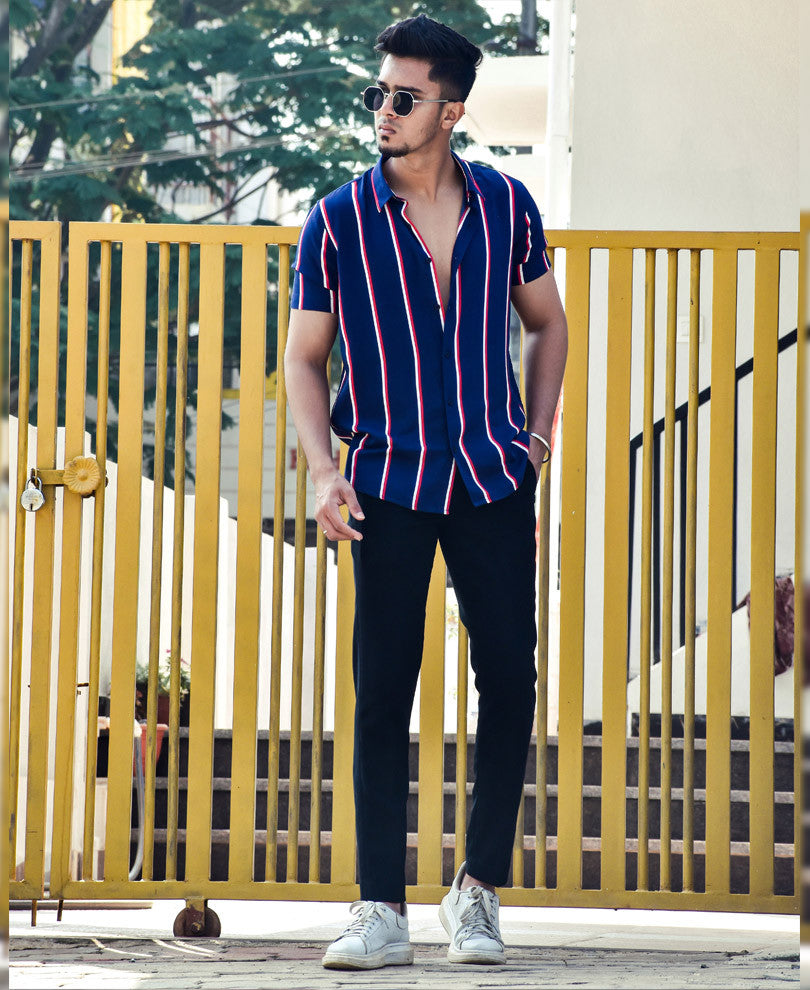 Navy Blue Multiple Stripes Half Sleeves Shirt