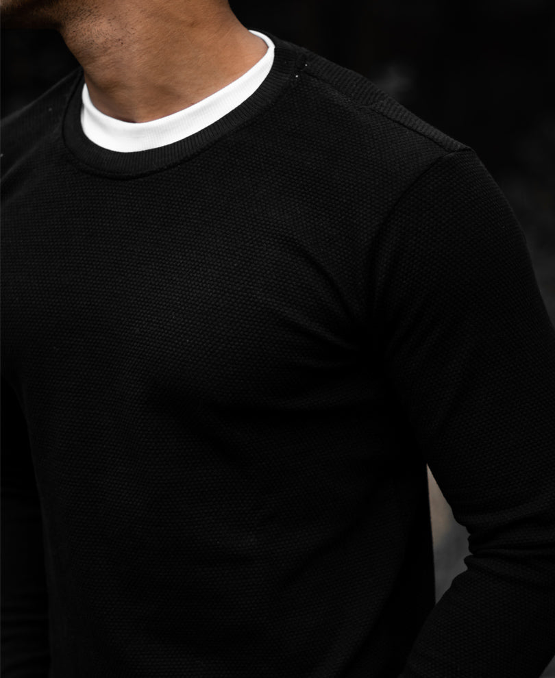Black Double Crew Neck Full Sleeves T Shirt