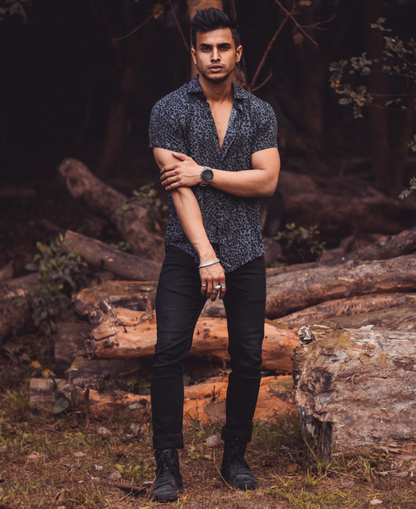 Grey Leopard Print Half Sleeves Shirt