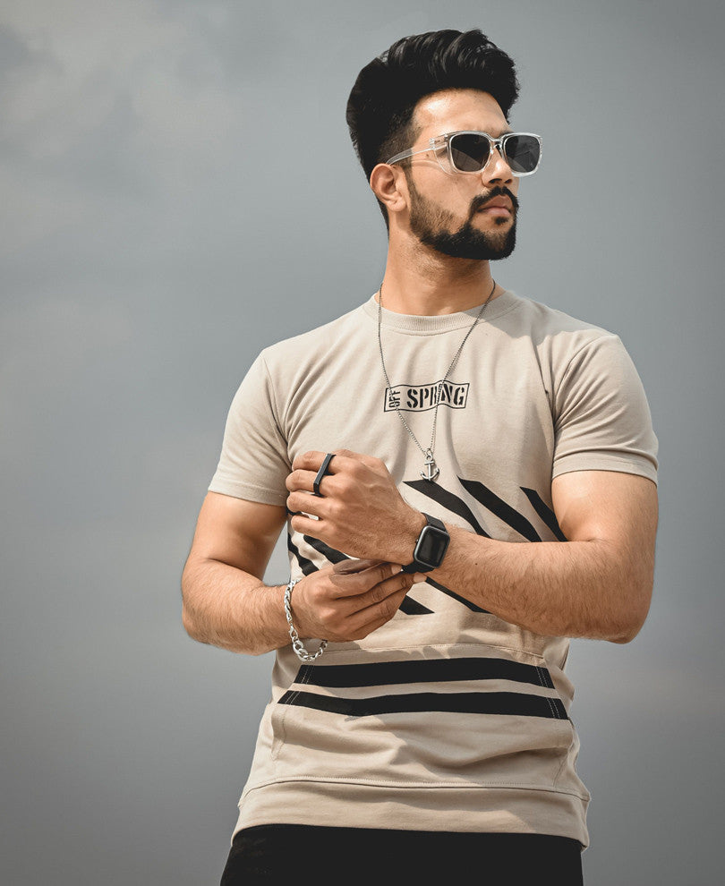Beige Off Spring Printed Half Sleeves T Shirt