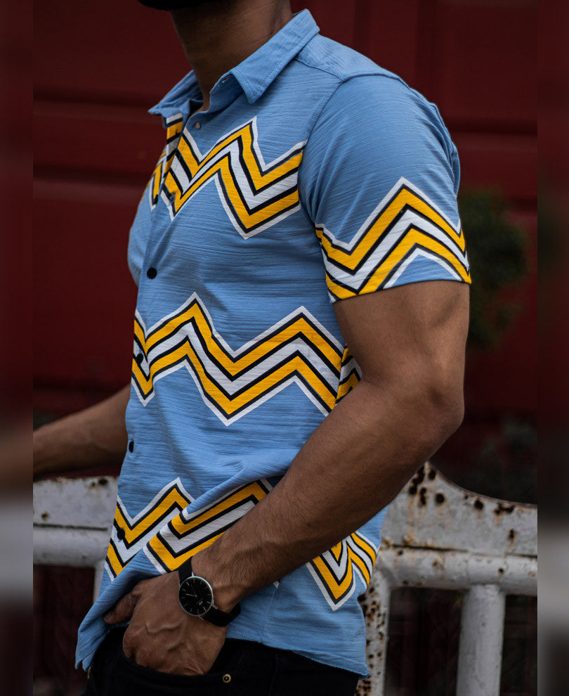 Sky Blue Zig Zag Printed Half Sleeves Shirt