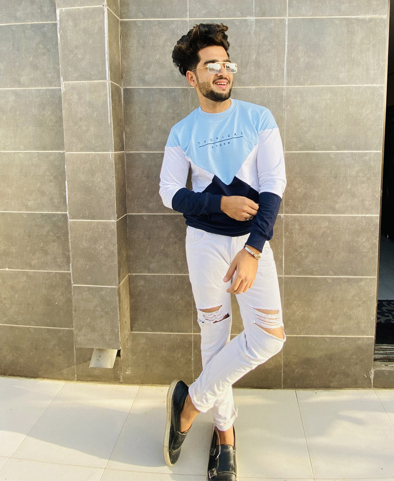Sky Blue Tropical Storm Printed Full Sleeves T-Shirt