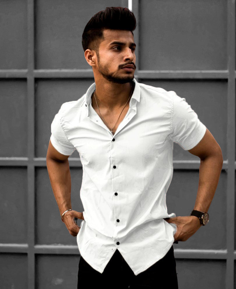 White Plain Stretchable Casual Half Sleeves Shirt