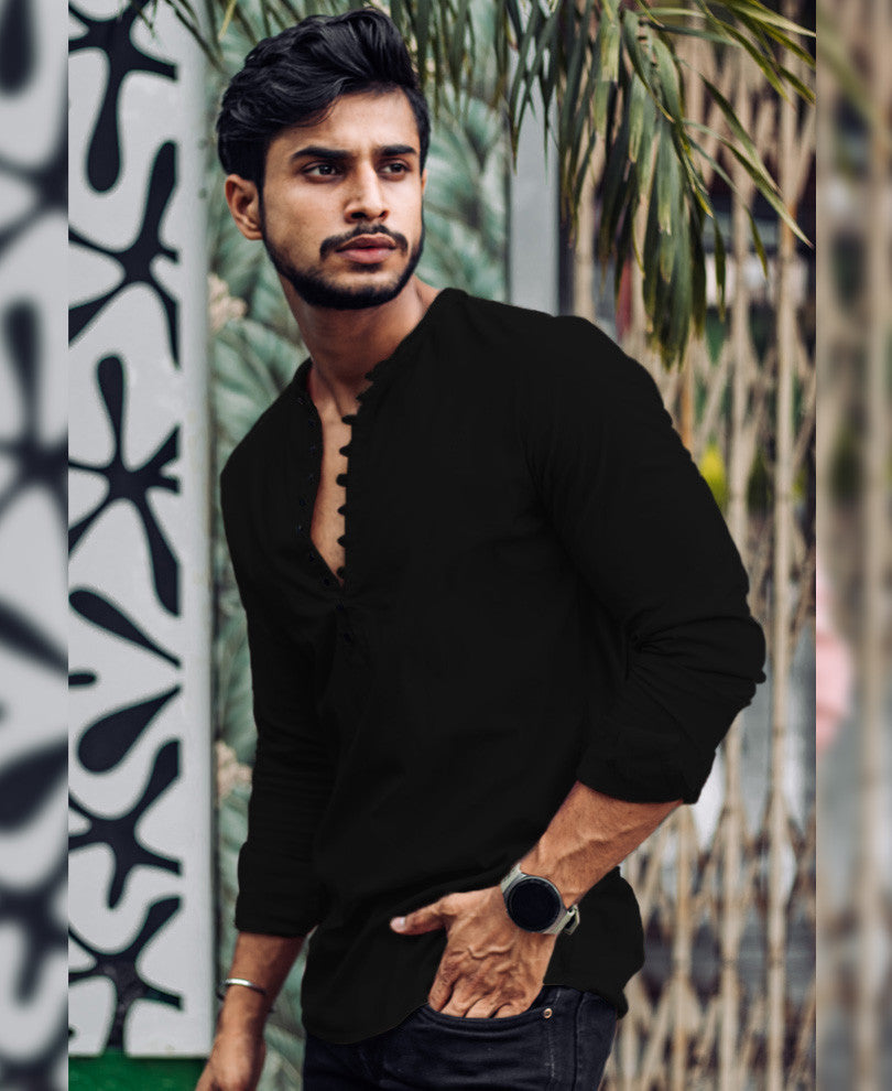 Black Plain Kurta Full Sleeves Shirt