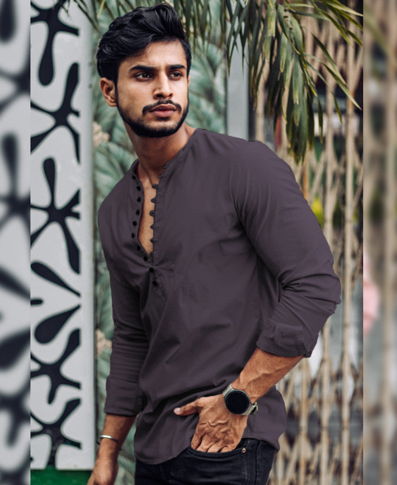 Grey Plain Kurta Full Sleeves Shirt