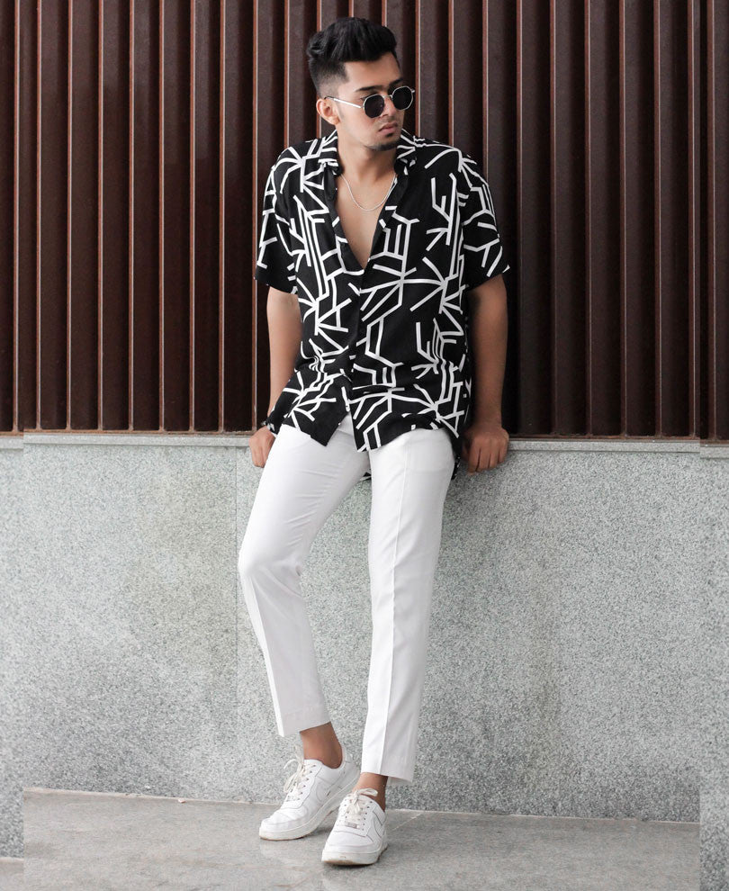 Black Abstract Striped Half Sleeves Shirt