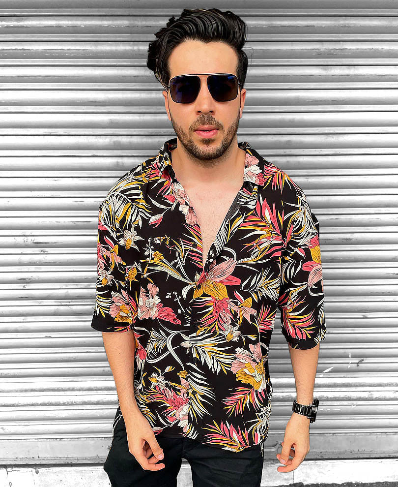 Mens Black Floral Oversize Drop Shoulder Shirt